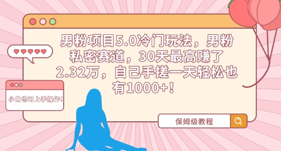 男粉项目5.0冷门玩法，30天最高赚了2.32万，自己手搓一天轻松也有1000+-学途在线