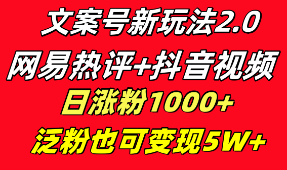 文案号新玩法 网易热评+抖音文案 一天涨粉1000+ 多种变现模式 泛粉也可变现-学途在线