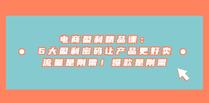 电商 盈利精品课：6大盈利 密码让产品更好卖，流量是刚需！爆款是刚需-学途在线