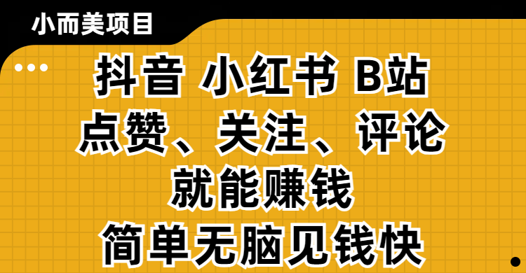 小而美的项目，抖音、小红书、B站视频点赞、关注、评论就能赚钱，简单无脑立见收益！妥妥的零撸项目-学途在线