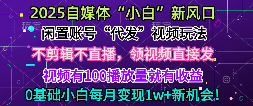 2025每月躺赚5w+新机会，闲置视频账号一键代发玩法，0粉不实名不剪辑，领了视频直接发，0基础小白也能日入300+-学途在线