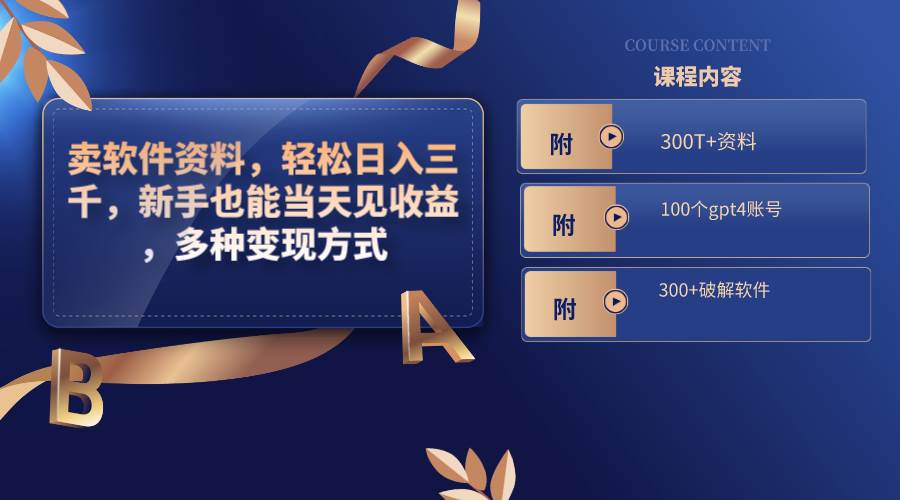 卖软件资料，轻松日入三千，新手也能当天见收益，多种变现方式，（附300T+资料，100个gpt4账号，300+破解软件）-学途在线